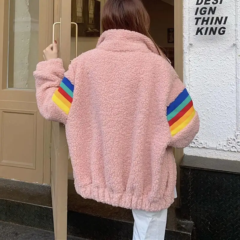 Autumn Winter Coat Women Hoodies Thicken Fashion Lucky Rainbow Harajuku Zipper Cashmere Sweatshirt Long Sleeve Black Tops Loose