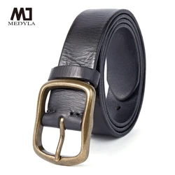 MEDYLA Vintage Luxury Handmade Leather Copper Buckle Man's Belt Cowhide Retro All-match Casual Jeans Soft Belt 21404
