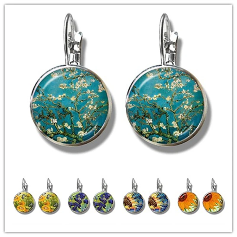 Van Gogh Sunflowers Art Vintage Solver-plated Earrings Glass Cabochon Dome Stud Earrings Jewelry For Women Girls Gift