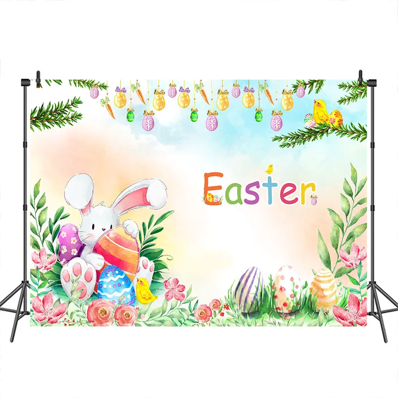 

Easter Photography Backdrop Cartoon Rabbit Egg Grassland Flower Background Spring Banner Decor Photo-booth Studio