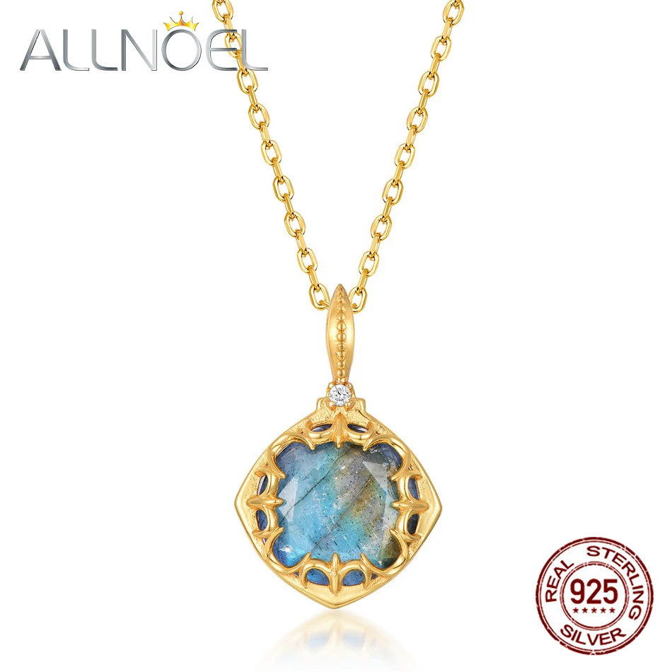 

ALLNOEL Labradorite Blue Agate Double Side Pendant 925 Sterling Silver Necklace for Women Retro Vintage Style Fine Jewelry Gifts