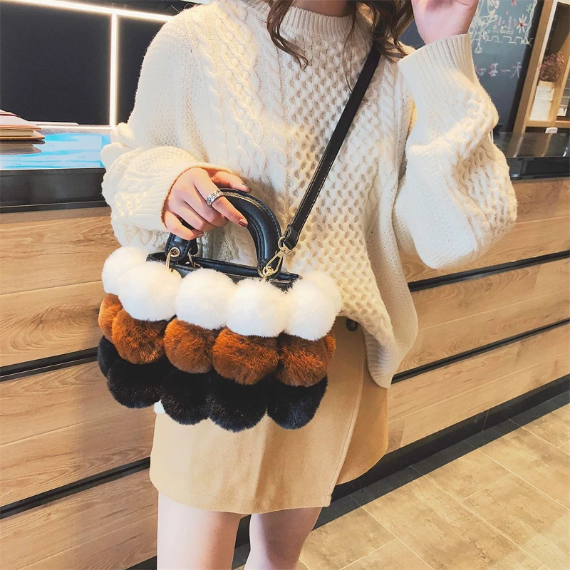 2021 Winter Hot Soft Plush Ball Handbags for Women Luxury Designer Bag Fashion Trends Colorful Fur Crossbody Shopper Bolso Femme