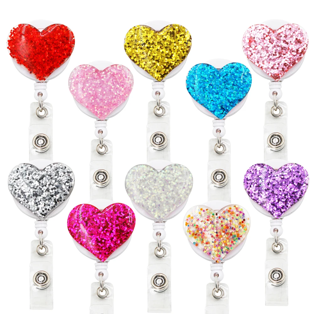 retratil bling love heart badge holder clipes para enfermeira id badge reel com jacare 10 pcs 01