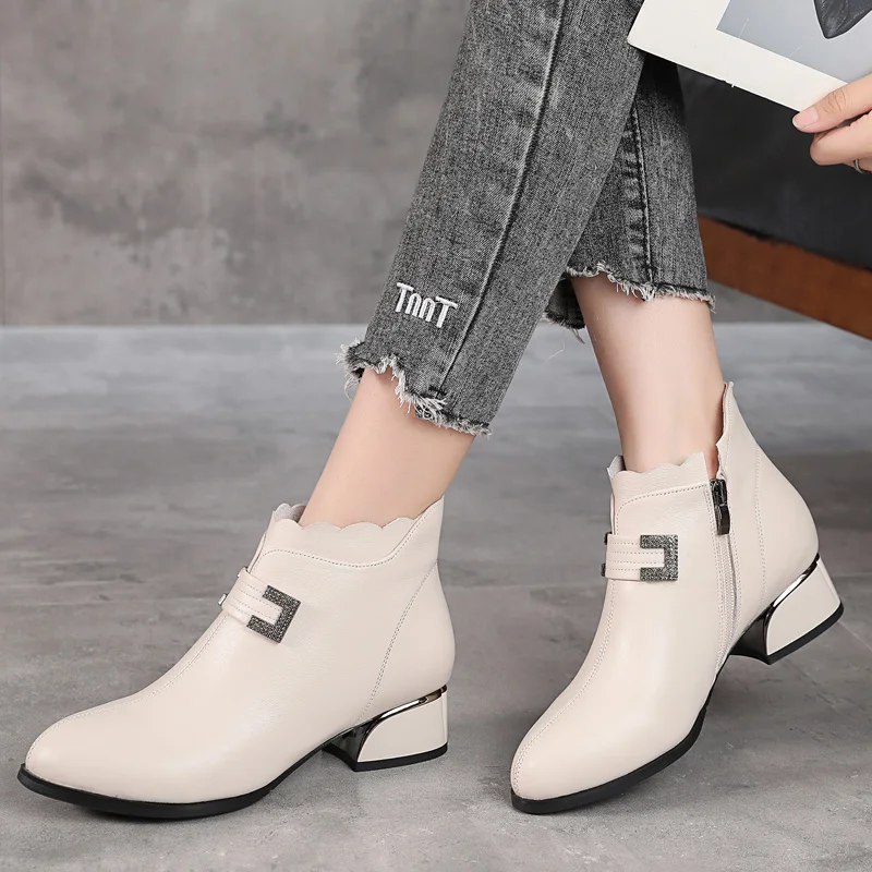 GKTINOO Women Real Leather Ankle Boots Thick Heels Zipper Shoes Woman Winter Warm Shoes Fashion Cool footwear Plus Size 35-43