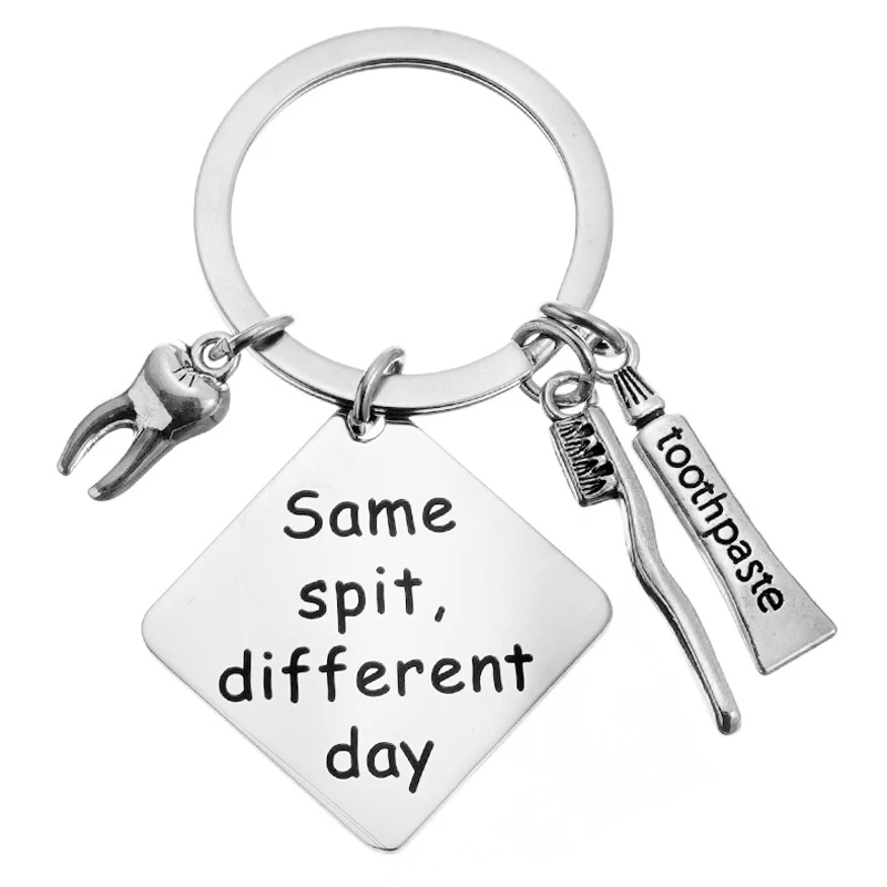 Dental Keychain, Same Spit Different Day Dental Hygienist Jewelry Gift for Men & Women, Dentists Floss and Tooth Charm Keychain