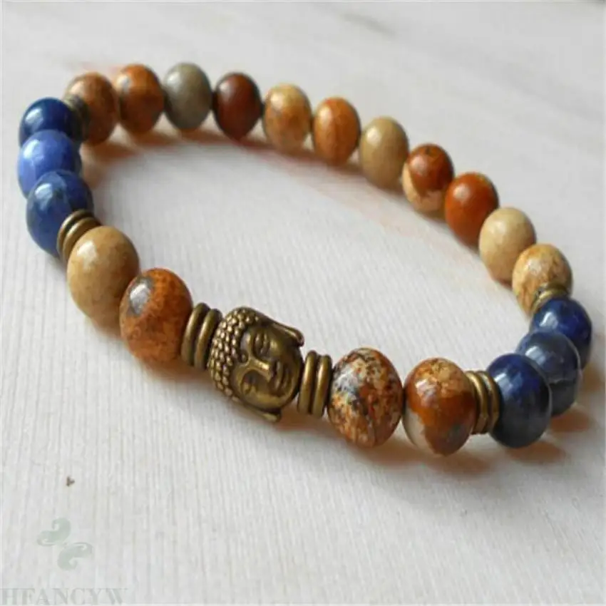 8mm Lapis Gemstone Picture stone Mala Bracelets Bless Spirituality Meditation Bead Stretchy Reiki Wrist Unisex Tibet silver Men