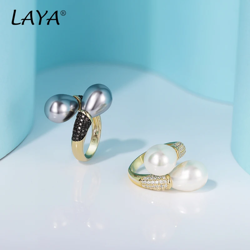 LAYA 925 Sterling Silver Adjustable Double Pearl Ring For Women Sparkling Zircon Engagement Anniversary Fine Jewelry