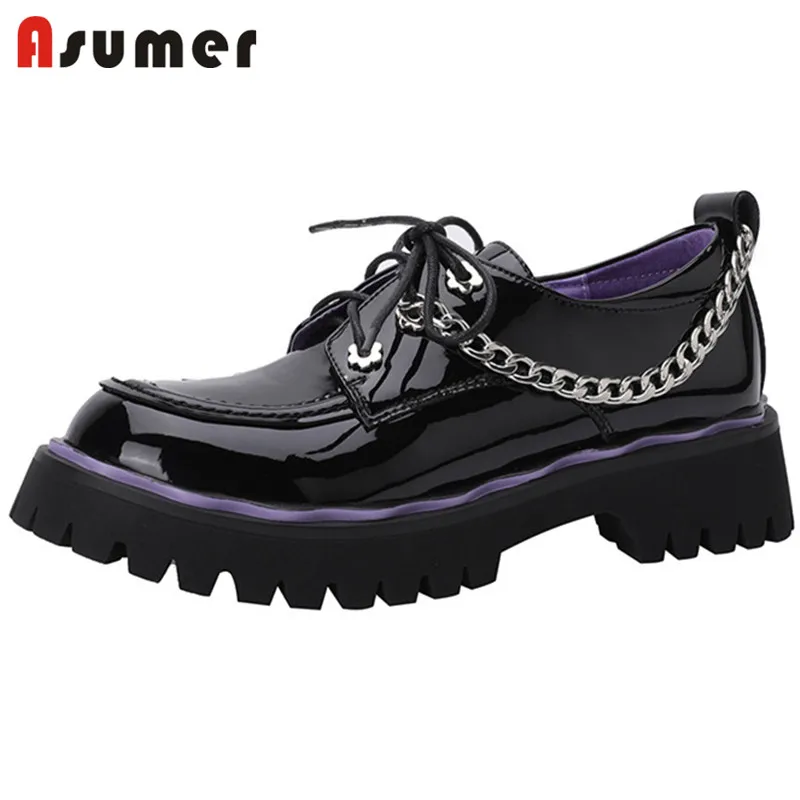 

Женские туфли на плоской платформе Asumer, из натуральной кожи, с цепочкой и круглым носком, повседневные туфли, весна-лето 2022