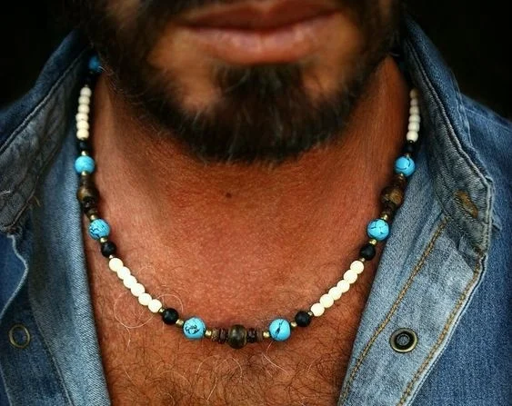 Tibetan charm for men / Dzi bead Agate gemstone / Bohemian man / Beaded necklace / mala beads for men / mala necklace