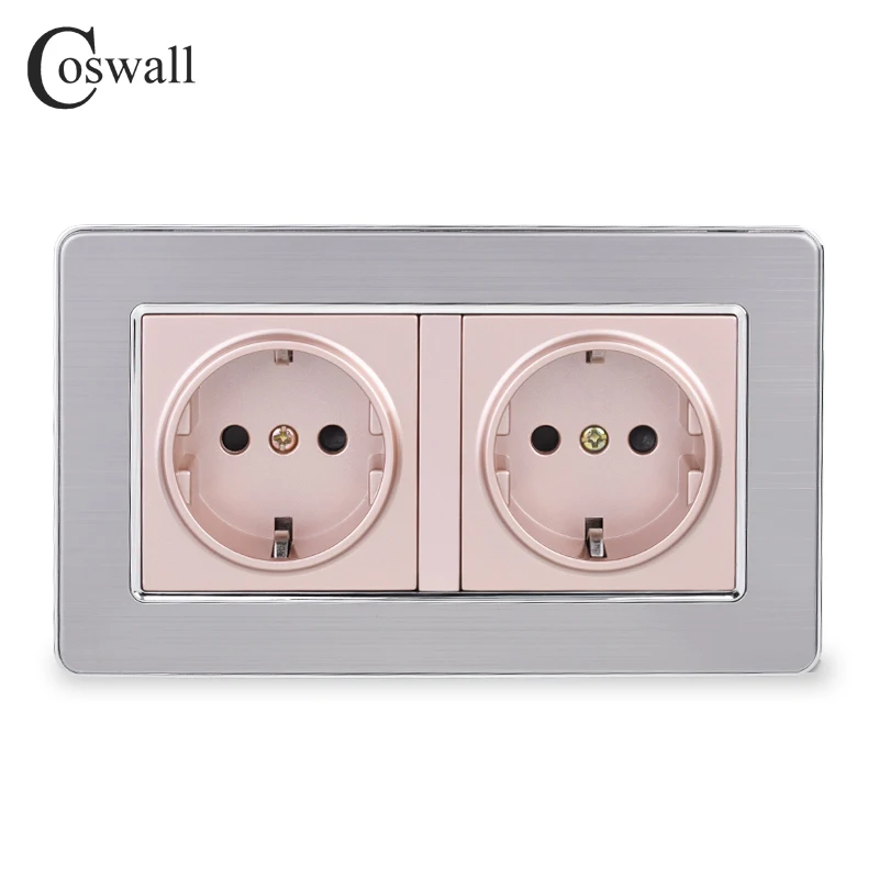 COSWALL 16A Double EU Standard Wall Socket Luxury Power Outlet Grounded Stainless Steel Panel With Children Protective Door