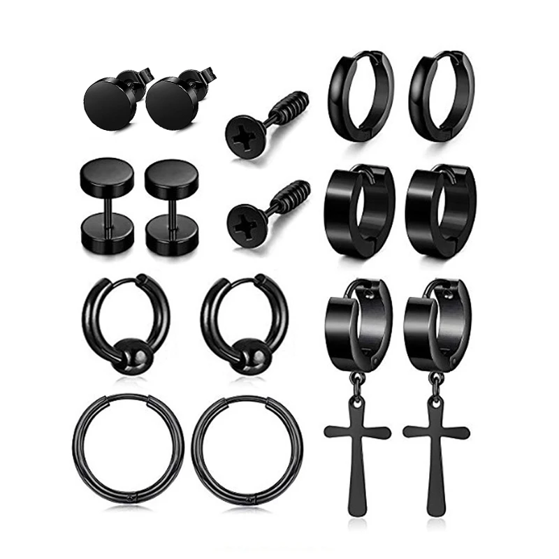 1 Pasang Hitam Punk Beberapa Gaya Stainless/Titanium Baja Stud Anting-Anting untuk Pria dan Wanita Gothic Street Pinggul Pop hop Telinga Perhiasan