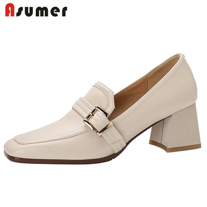 

Asumer 2022 Beige Black Genuine Leather Shoes Women High Heels Single Shoes Square Buckle Classic Dress Shoes Women Pumps