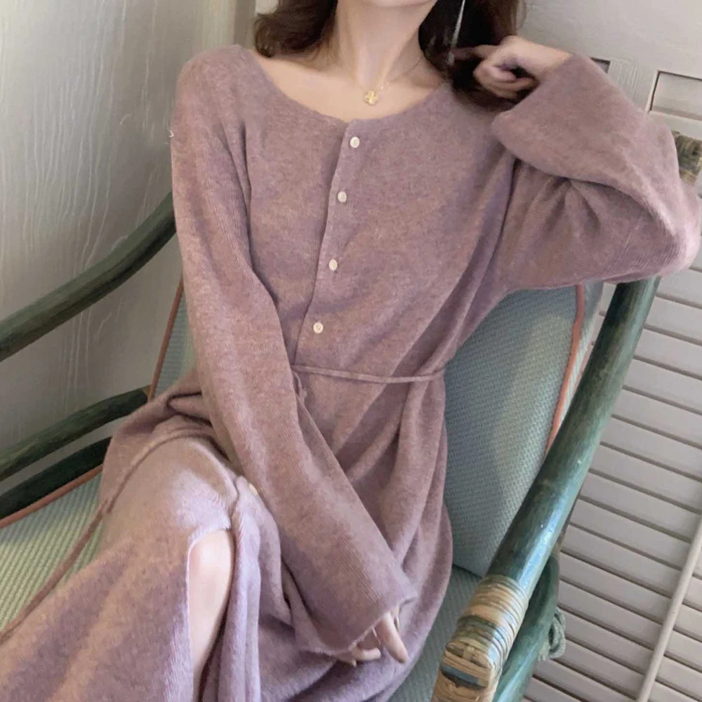 Snordic Women Autumn Purple Long Sweater Shirt Dress Sashes Full Sleeve Single Breasted Knitted Loose Dresses Round Collar