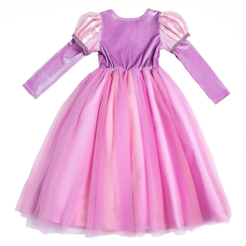 Vestido de Rapunzel para niñas, disfraz de Halloween enredado, cumpleaños, manga larga, tutú rosa, Estilo Vintage, Princesa, peluca