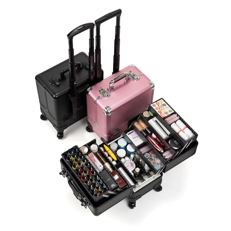 Luxury Professional Makeup Manicure Folding Suitcase Wheels Pink Aluminum Luggage Storage Case Full Beauty Artist Cosmetic Box