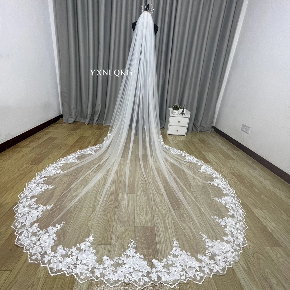 Feito sob encomenda Luxuoso 3 3M Véus De Noiva Com Borda Do Laço Applique Longo Catedral Uma Camada de Tule Véu de Noiva acessórios do casamento