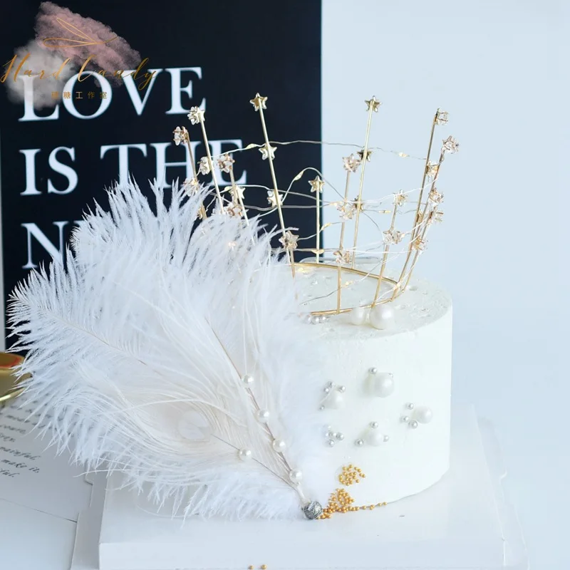 Feather Cake Decoration Natural Ostrich Pearl Feather DIY Cake Decor Plug-in Card Birthday Party Baby Shower Wedding Decoration