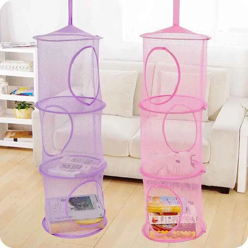 Foldable 3 Shelf Hanging Storage Net Kids Toy Organizer Bag Cylindrical Storage Basket for Home Wall Door Closet Store