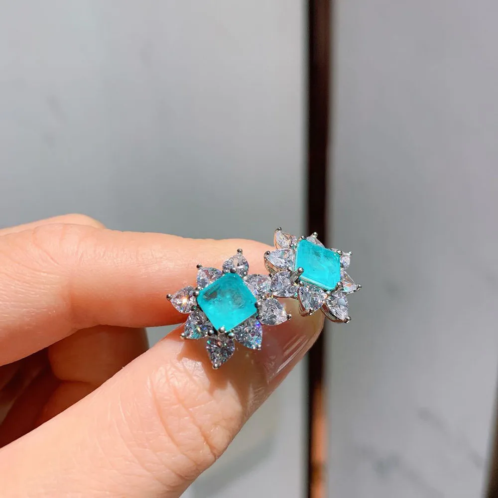 Vintage 7*7MM Paraiba Tourmaline Gemstone Lab Diamond Stud Earrings Gift Fine Jewelry for Women Accessories Statement Wholesale