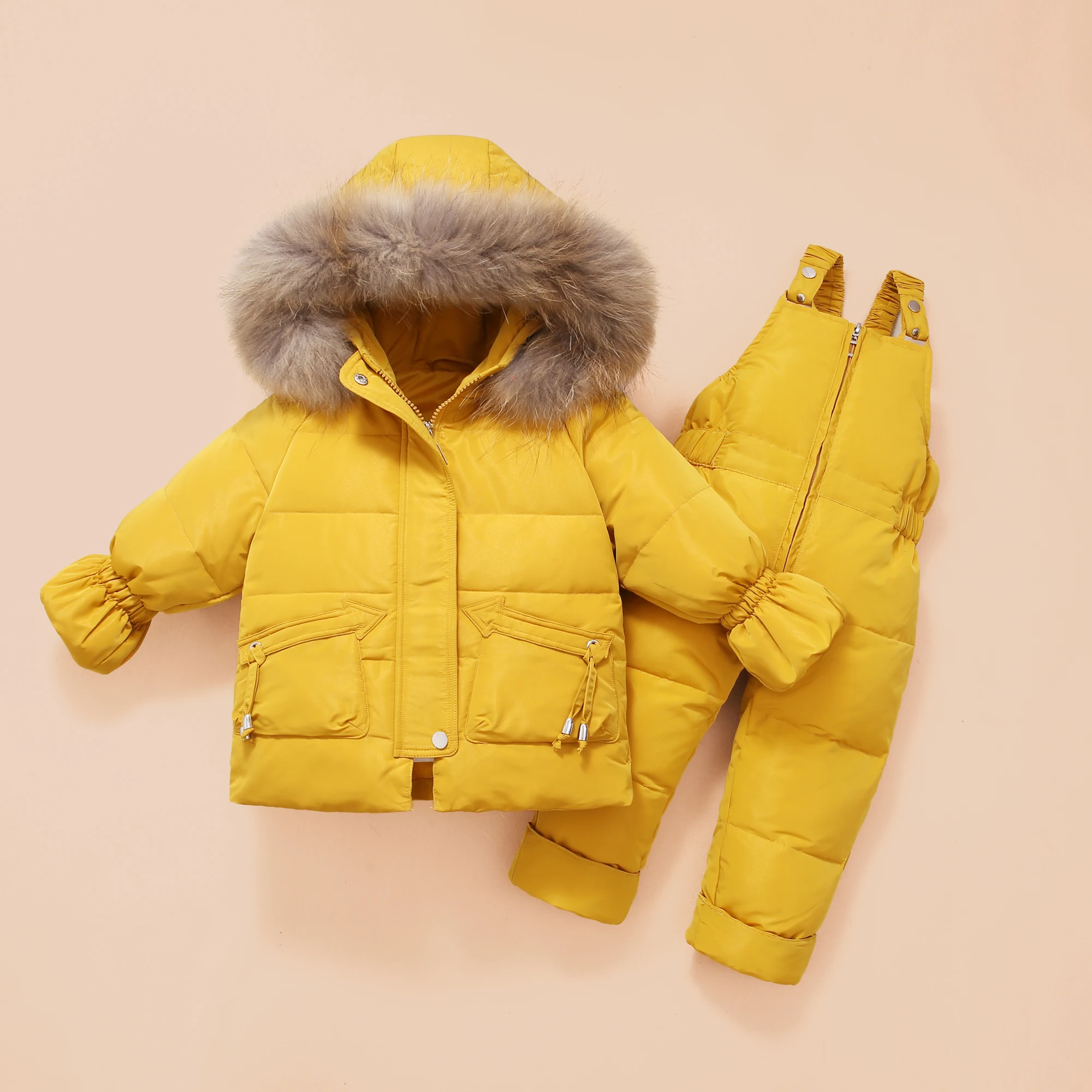 -30 Degrees Winter Children Down Jacket Clothing Sets Fur Collar Girls Down Jackets + Overalls Kids Warm Suit For toddler Boys