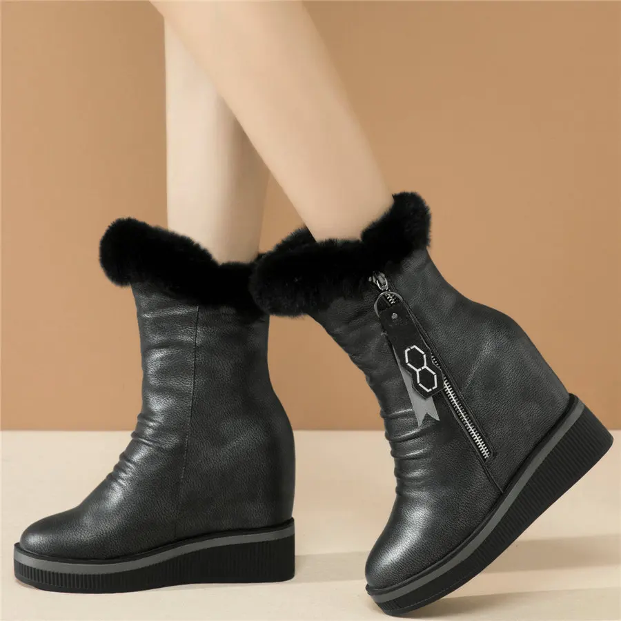 Winter Platform Trainers Women Genuine Leather Wedges High Heel Snow Boots Female Warm Rabbit Fur Fashion Sneakers Casual Shoes