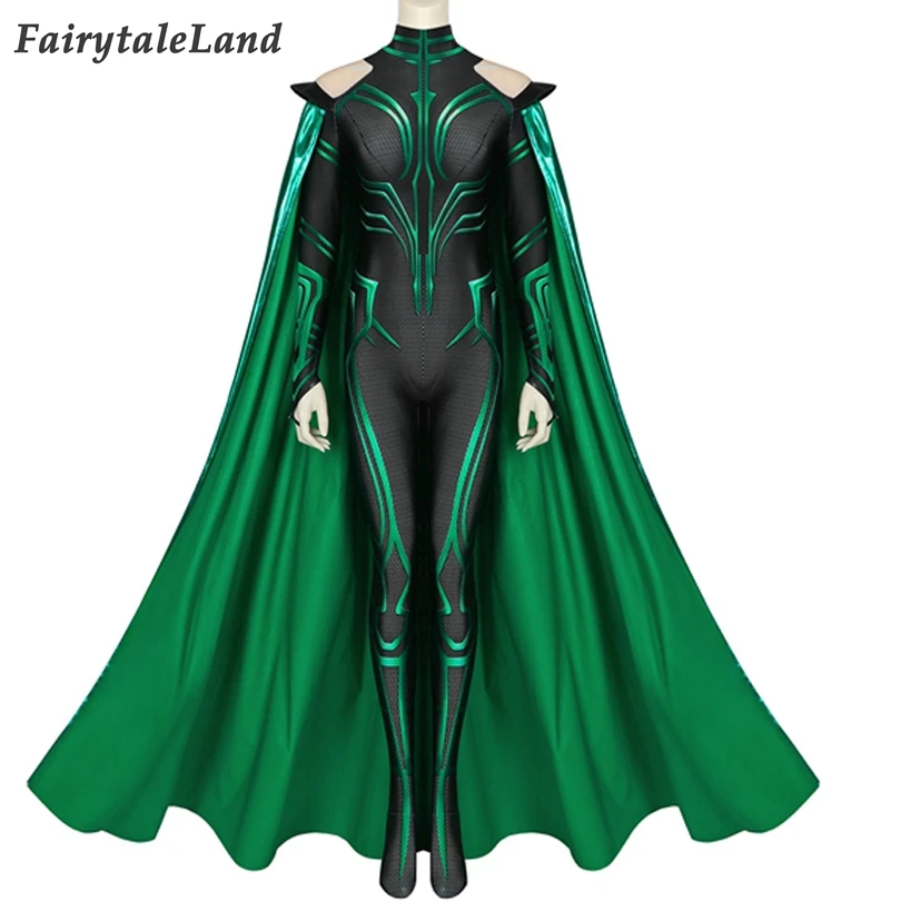 

Halloween Carnival Supervillain Cosplay Jumpsuit Hela Costume 3D Printed Zentai Green Cape