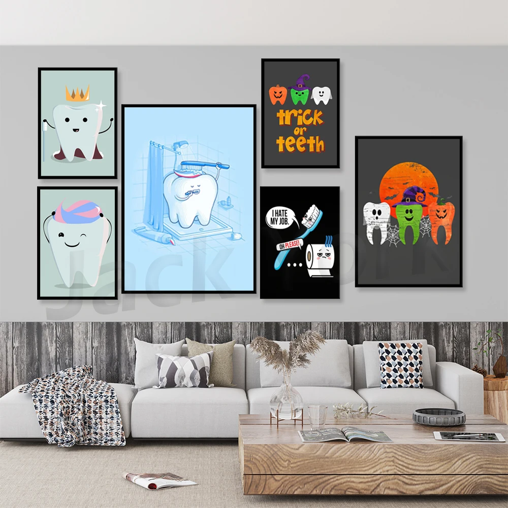 Tooth Canvas Painting Dental Art Poster Print Cartoon Fairy Funny Cute Dentist Gift Wall Art Poster Picture Nursery Office Decor