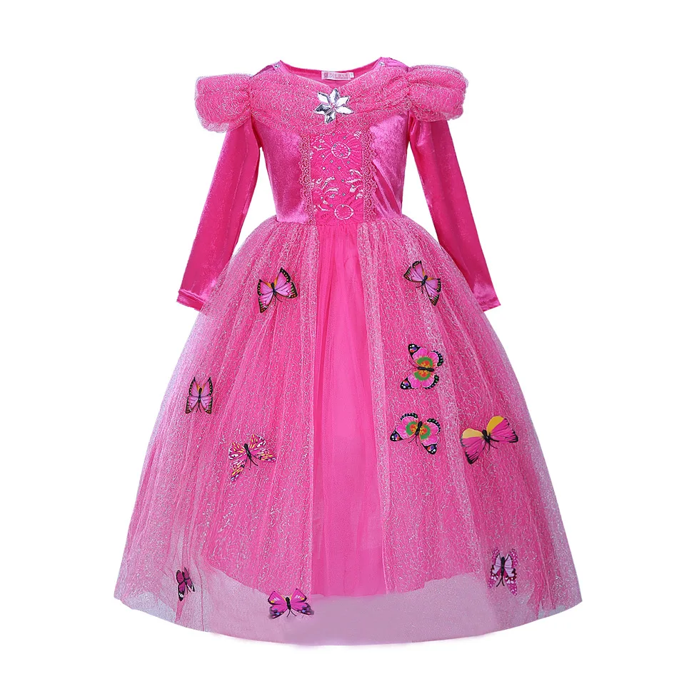 Girls Sleeping Beauty Aurora Dress Long Sleeves Off Shoulder Lace Robe Kids Gorgeous Christmas Gift Fancy Princess Party Outfits