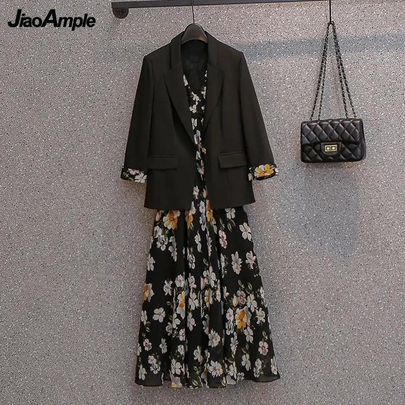 2025 Spring Autumn New Suit Dress Matching Set Women's Casual Blazers Jacket Floral Midi Skirt Two-piece Korean Elegant Suits