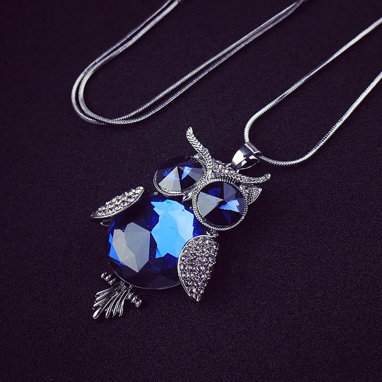 Women Romantic Crystal Owl Pendant Long Sweater Long Chain Bling Stone Necklace