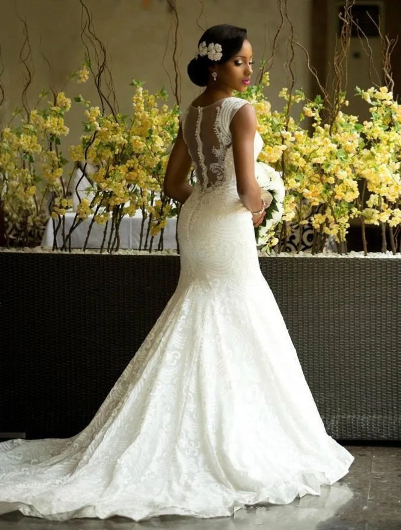 2025 incroyable robes De mariée en dentelle africaine col transparent dos boutons couverts robes De mariée grande taille robes De Noivas