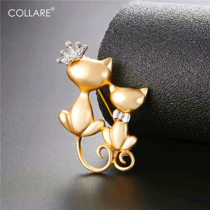 

Collare Cat With Crown Queen Brooches For Women Gold/Black Color Animal Jewelry Crystal Mother Daughter Cats Pins Brooches B909