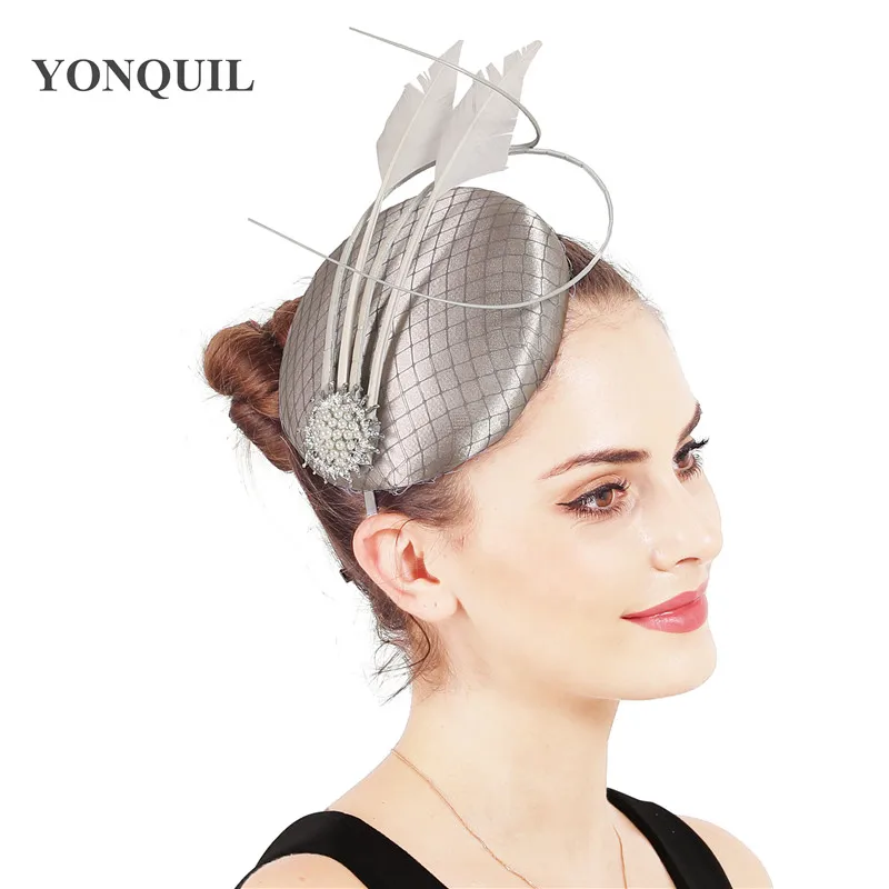 

Vintage Satin Millinery Hat Gorgeous Wedding Headwear Women Party Ladies Feather Headpiece Fascinator Occasion Hair Accessories