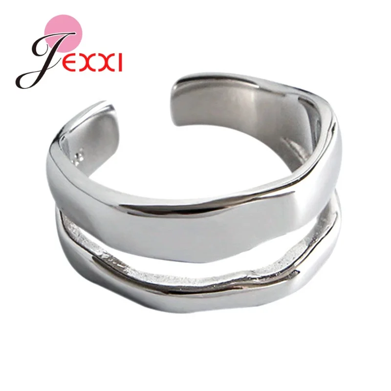 925 Sterling Silver Double Layered Wide Open Rings Irregular Adjustable Wire Ring for Women Handmade Minimalist Jewelry