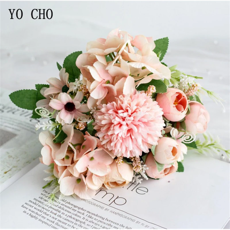 YO CHO-flores artificiais para buquê de casamento, grande hortênsia, decoração Home, seda rosa, flores falsas cabeça, plast haste