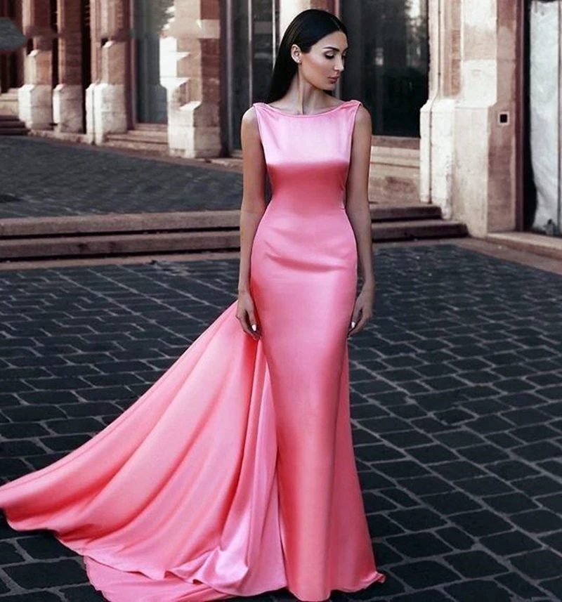 

Mermaid Ladies Formal Evening Dress Scoop Backless Middle East Wrap Evening Dress Watermelon Pink Evening Dress فساتين السهرة