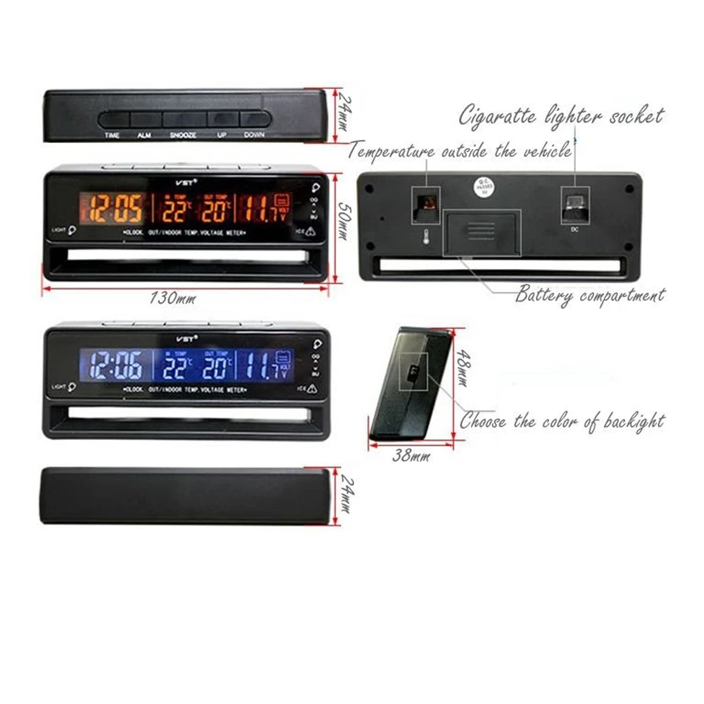 Car Digital LCD Display Clock Thermometer digital Voltmeter Temps Voltage Meter Indoor outdoor Auto Thermometer Battery Monitor