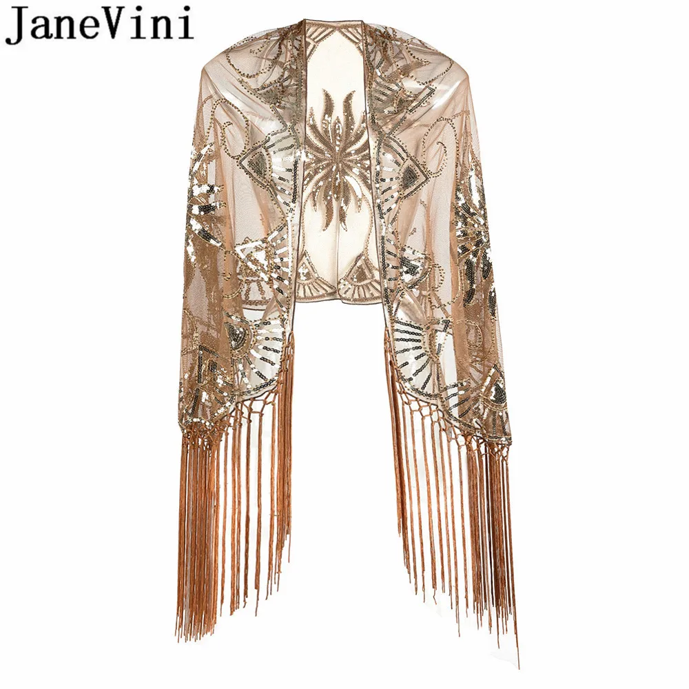 JaneVini 2020 Bling Black Gold Sequins Shawls Wraps Bridal Bolero Long Tassels Beaded Short Cape Shrugs for Wedding Accessories