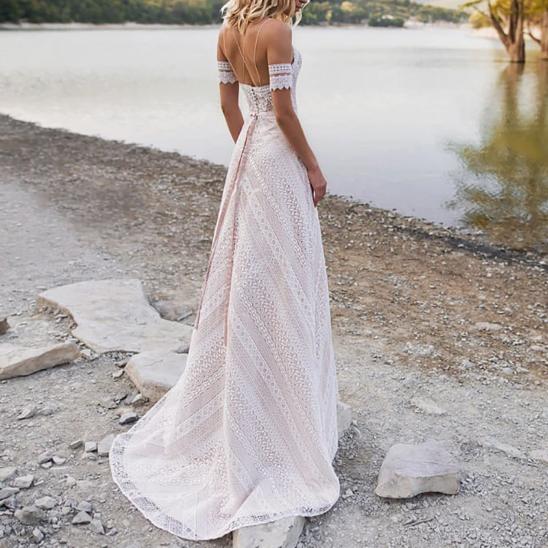 Vestido De novia bohemio sin espalda, De encaje, línea A, escote Corazón, forro De champán personalizado, con cremallera