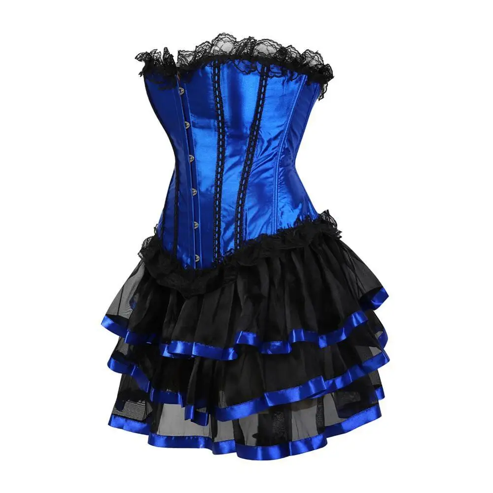 Plus Size S-6XL New Black/Purple/Blue/Red Lace Up Sexy Top Boned Satin Corset Bustier + skirt