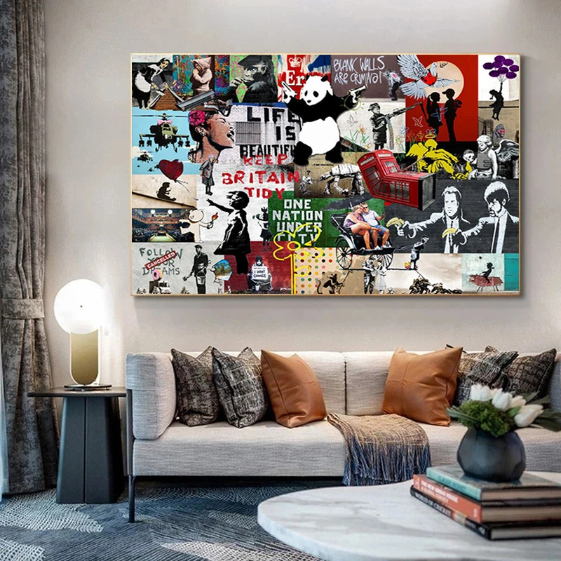 Banksy Graffiti Collage Art Pop Canvas Painting Posters and Prints Cuadros Wall Art for Living Room Home Decor