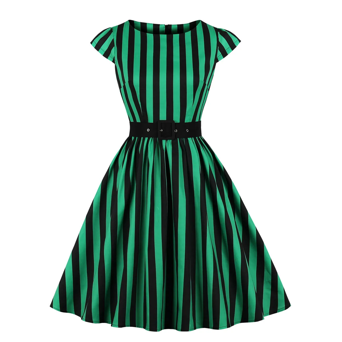 Women Polka Dot Vintage Rockabilly Dress with Green Belt Woman Clothes O Neck A Line Short Sleeve A Line Elegant Pin Up Dresses