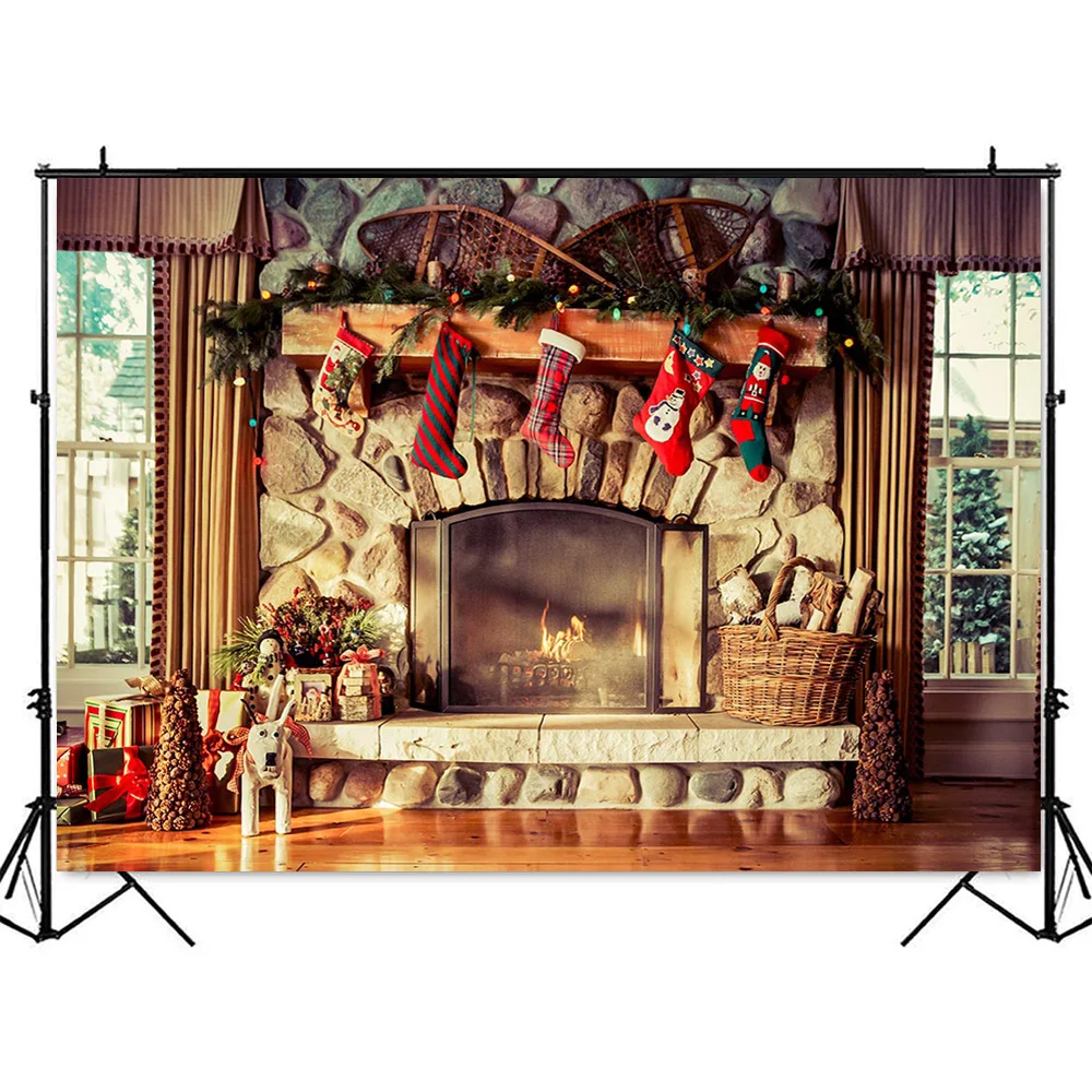 Фон для фотосъемки с изображением зимнего кирпича камина и окон Рождественский день рождения