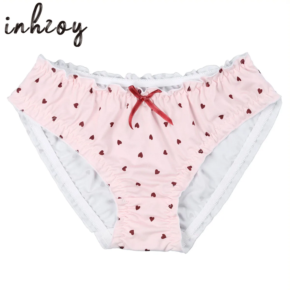 Man Sissy Briefs Underwear Elastic Cartoon Heart Print Ruffled Lace Bowknot Cute Panties Gay Male Crossdress Underpants