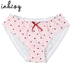 Man Sissy Briefs Underwear Elastic Cartoon Heart Print Ruffled Lace Bowknot Cute Panties Gay Male Crossdress Underpants