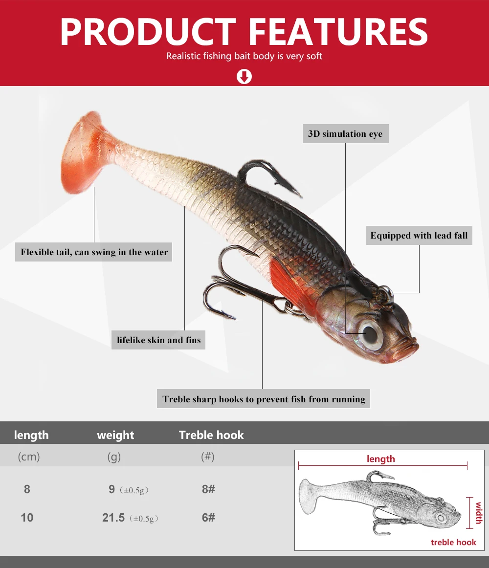 NGB 1 Stück 8/10CM 9g/21,5g Weicher Köder Jig Angelköder Fisch-Swimbait Dreifachhaken Angelhaken Angelzubehör – Detail 1