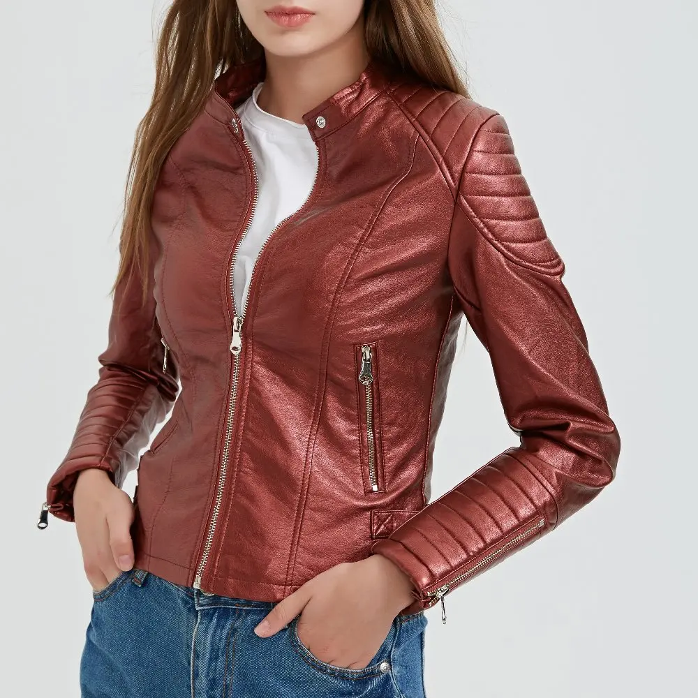 Hot Nieuwe Mode Vrouwen Wijn Rode Faux Lederen Jassen Lady Bomber Motorcycle Cool Bovenkleding Jas Goede Kwaliteit Hot Koop 5 kleur