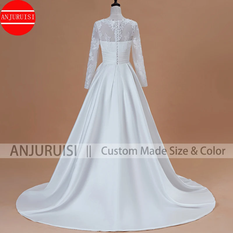 Vestidos De Novia Long Sleeves Wedding Dress 2020 Scoop Satin Lace Appliques A-Line Bridal Gown With Pockets Robe Mariage Boda