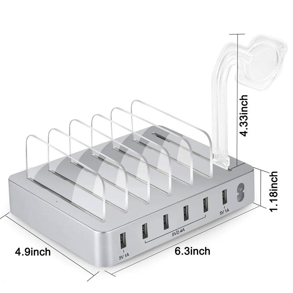 No Buzzer Multi-function Metal USB Charging Station Fast Multi-USB Charger No Buzz LED Charging Station Black/Silver