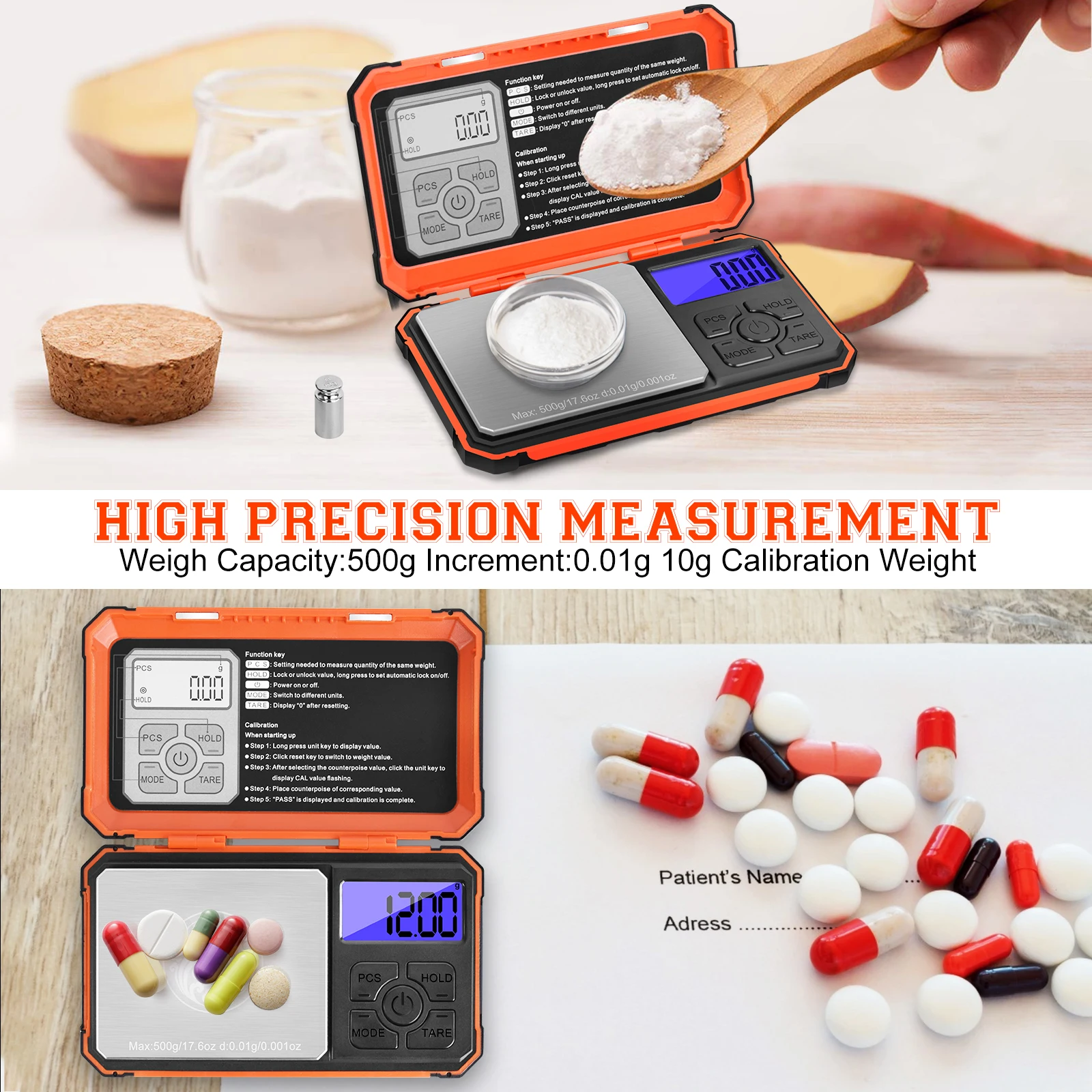 NEWACALOX Bilancia tascabile digitale Precisione 500g/0.01g Bilancia per grammi Bilancia per alimenti Bilancia per gioielli Bilancia da cucina con